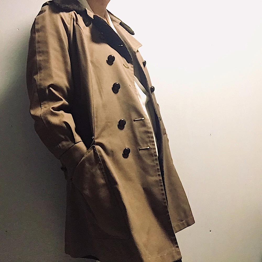 LONDON FOG Vintage Khaki Fur Trench Structured Pea Coat Sz 8
